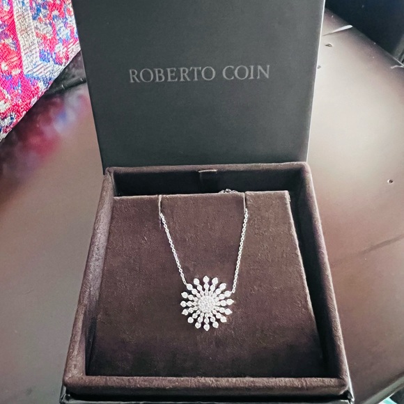 New Roberto Coin Tiny Treasures 18K White Gold Diamond Sunburst Necklace - Picture 2 of 5